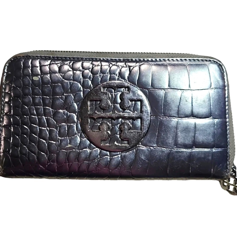 Tory Burch Leather Silver Metallic Croc‎ Embossed Wallet